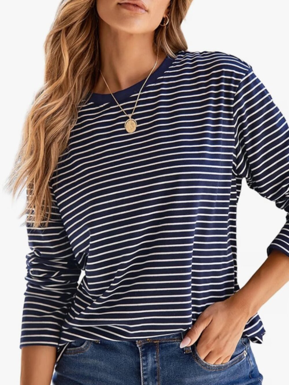 Striped Long Sleeve Crewneck Shirt Blue & White L